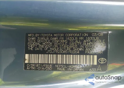 2008 Toyota Yaris z USA, uszkodzony, nr VIN JTDJT923085192204